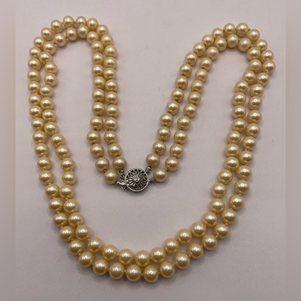 Vintage Double Strand Cream Colored Glass Faux Pearls Silver Tone Filigree Clasp